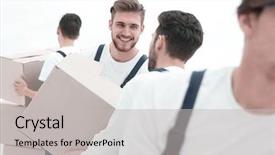  Presentation with overseas workers - PPT layouts with service others - photo workers pass each other background and a light gray colored foreground