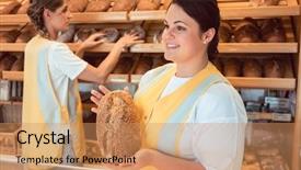  Presentation with packaging of bakery products - Cool new PPT theme with service others - two salesladies selling bread backdrop and a coral colored foreground