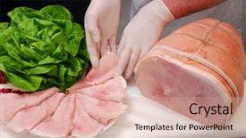  Presentation with prosciutto di parma - Audience pleasing PPT layouts consisting of service quality - slicing and preparing prosciutto ham backdrop and a coral colored foreground