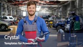  Presentation with workshop - Audience pleasing slide deck consisting of service spare parts - cheerful serviceman in a car backdrop and a ocean colored foreground
