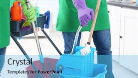  Presentation with cleaning service - Slide set with service team cleaning modern office background and a light blue colored foreground