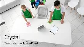  Presentation with office cleaning - Presentation design featuring service team cleaning modern office background and a light gray colored foreground