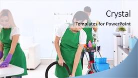  Presentation with office cleaning - PPT theme having service team cleaning modern office background and a sky blue colored foreground