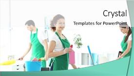  Presentation with office renovation - Colorful presentation design enhanced with service team cleaning modern office backdrop and a white colored foreground