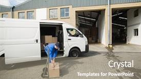  Presentation with truck driver - Presentation theme enhanced with service truck - delivery driver packing his van background and a gray colored foreground