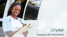  Presentation with repair - Cool new PPT theme with service truck - portrait of female repair person backdrop and a  colored foreground