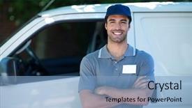  Presentation with delivery van - Theme with service truck - portrait of happy delivery person background and a light blue colored foreground