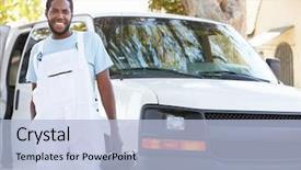  Presentation with van terminal - Colorful slides enhanced with service truck - portrait of repairman with van backdrop and a light blue colored foreground