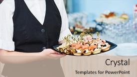  Presentation with catering - PPT layouts having service woman at restaurant event background and a soft green colored foreground