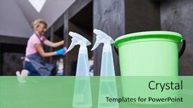  Presentation with home cleaning service - Presentation theme featuring service woman cleaning home background and a  colored foreground