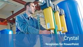  Presentation with water filtration - Cool new PPT theme with serviceman operating industrial water purification backdrop and a ocean colored foreground