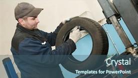  Presentation with tyre - Slides enhanced with serviceman repairman worker lubricating car background and a  colored foreground