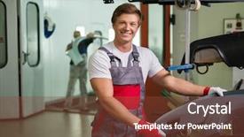  Presentation with mechanical engineering car spring - Slides with serviceman with car bodykit ready background and a tawny brown colored foreground