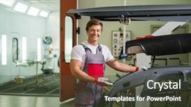  Presentation with car parts robots - PPT theme enhanced with serviceman with car bodykit ready background and a tawny brown colored foreground