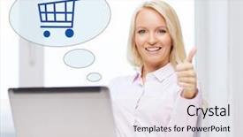  Presentation with shopping trolley - PPT layouts with business people sale gesture and technology concept - smiling businesswoman or student showing thumbs up with laptop computer and shopping trolley in text bubble at office background and a sky blue colored foreground