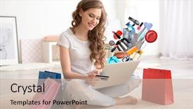  Presentation with online shopping store - PPT theme featuring electronic appliances - young woman using laptop background and a soft green colored foreground