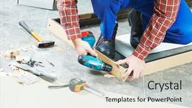  Presentation with carpenter - Presentation featuring services improvement - carpenter joiner worker preparing door background and a soft green colored foreground