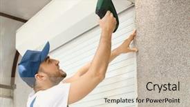  Presentation with metal roller shutter - Cool new presentation theme with services improvement - man installing roller shutter backdrop and a soft green colored foreground