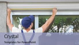  Presentation with measuring - Theme enhanced with services improvement - man measuring window prior background and a light blue colored foreground