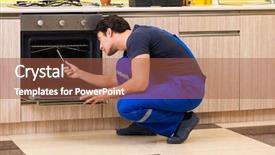  Presentation with kitchen furniture - Theme with services improvement - young service contractor assembling kitchen background and a red colored foreground