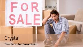  Presentation with home - PPT theme having services offer - young man offering home background and a coral colored foreground