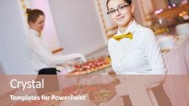  Presentation with waitress - Amazing PPT theme having servicing in restaurant during catering backdrop and a coral colored foreground