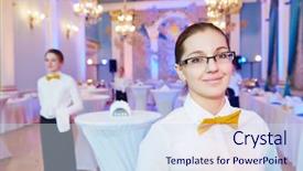  Presentation with catering waiter food event service - Audience pleasing presentation theme consisting of servicing in restaurant during catering backdrop and a  colored foreground