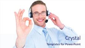  Presentation with decision making manufacturing process - Amazing PPT theme having servicio al cliente - smiling businessman with headset making backdrop and a  colored foreground