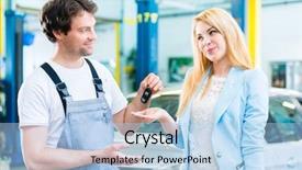  Presentation with mechanic - Slide deck consisting of servicio al cliente - workshop mechanic handing car background and a light blue colored foreground