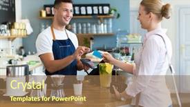  Presentation with coffee shop - Cool new PPT layouts with serving customer in coffee shop backdrop and a coral colored foreground