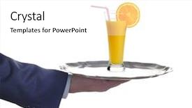  Presentation with fruit juice bottle - Colorful PPT theme enhanced with serving hands - have some fruit juice backdrop and a white colored foreground