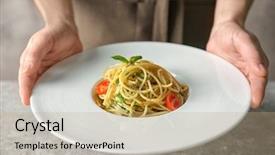  Presentation with role play woman and man - Presentation theme with serving hands - woman holding plate with delicious background and a coral colored foreground