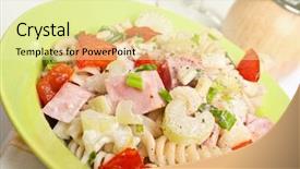  Presentation with celery - Amazing presentation theme having serving of pasta turkey celery and fried tomatoes salad backdrop and a blonde colored foreground