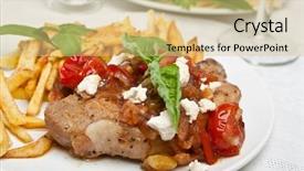  Presentation with feta cheese - Colorful slide deck enhanced with serving of pork chop with tomato onion and garlic sauce garnished with french fries and feta cheese backdrop and a soft green colored foreground