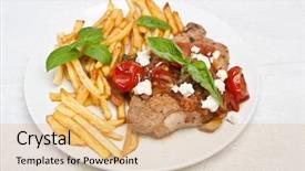  Presentation with feta cheese - Slide deck with serving of pork chop with tomato onion and garlic sauce garnished with french fries and feta cheese background and a coral colored foreground