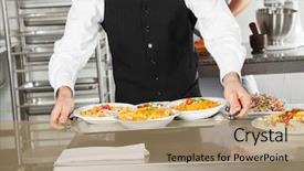  Presentation with pasta restaurant - Colorful slide deck enhanced with serving people - midsection of waiter holding pasta backdrop and a coral colored foreground
