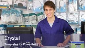  Presentation with sales - Beautiful slide deck featuring serving people - portrait of a sales assistant backdrop and a ocean colored foreground