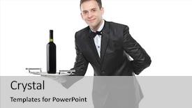  Presentation with older person holding pills - Beautiful slides featuring serving people - young person holding a tray backdrop and a light gray colored foreground