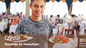  Presentation with restaurant - Presentation having serving people - young smiling man with two background and a tawny brown colored foreground