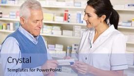  Presentation with pharmacy - Slide deck featuring serving senior man in pharmacy background and a light blue colored foreground