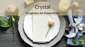  Presentation with elegant table setting - Audience pleasing theme consisting of serving tables - elegant table setting with floral backdrop and a mint green colored foreground