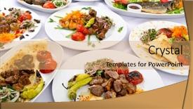  Presentation with meals - Presentation design with serving tables - party meals on the table background and a yellow colored foreground