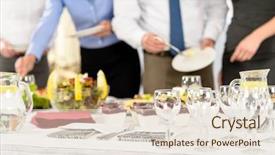 Presentation with catering - Slides having serving themselves buffet at company background and a  colored foreground