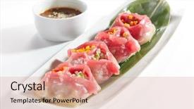  Presentation with dim sum - Beautiful slide deck featuring serving vegetarian dim sum dimsum backdrop and a coral colored foreground