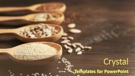  Presentation with pumpkin seeds - PPT theme consisting of sesame flax pumpkin and sunflower seeds in wooden spoons on table closeup background and a tawny brown colored foreground