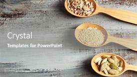  Presentation with pumpkin seeds - Audience pleasing PPT layouts consisting of sesame pumpkin and sunflower seeds in wooden spoons on blue background closeup backdrop and a gray colored foreground