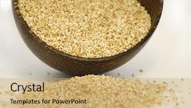  Presentation with coconut - Beautiful presentation theme featuring sesame seeds in coconut bowl isolated on white background backdrop and a coral colored foreground