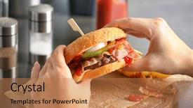  Presentation with burger - Theme featuring sesame street - woman holding tasty bacon burger background and a coral colored foreground