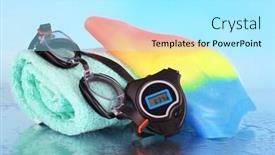  Presentation with swim - Beautiful presentation theme featuring set for pool swim cap goggles and towel on blue background backdrop and a arctic colored foreground