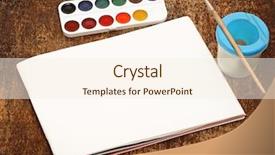  Presentation with paint art - Presentation design featuring set of art paints and brushes to paint and paper on wooden table background and a cream colored foreground